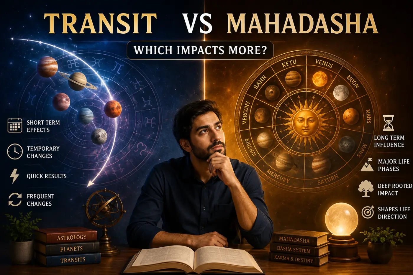 Transit vs Mahadasha astrology comparison showing 