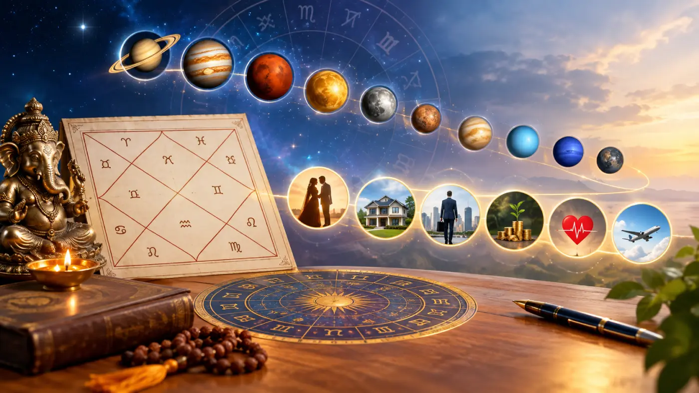 Vedic astrology chart with planetary periods symbolizing marriage, career, wealth, health, and travel.