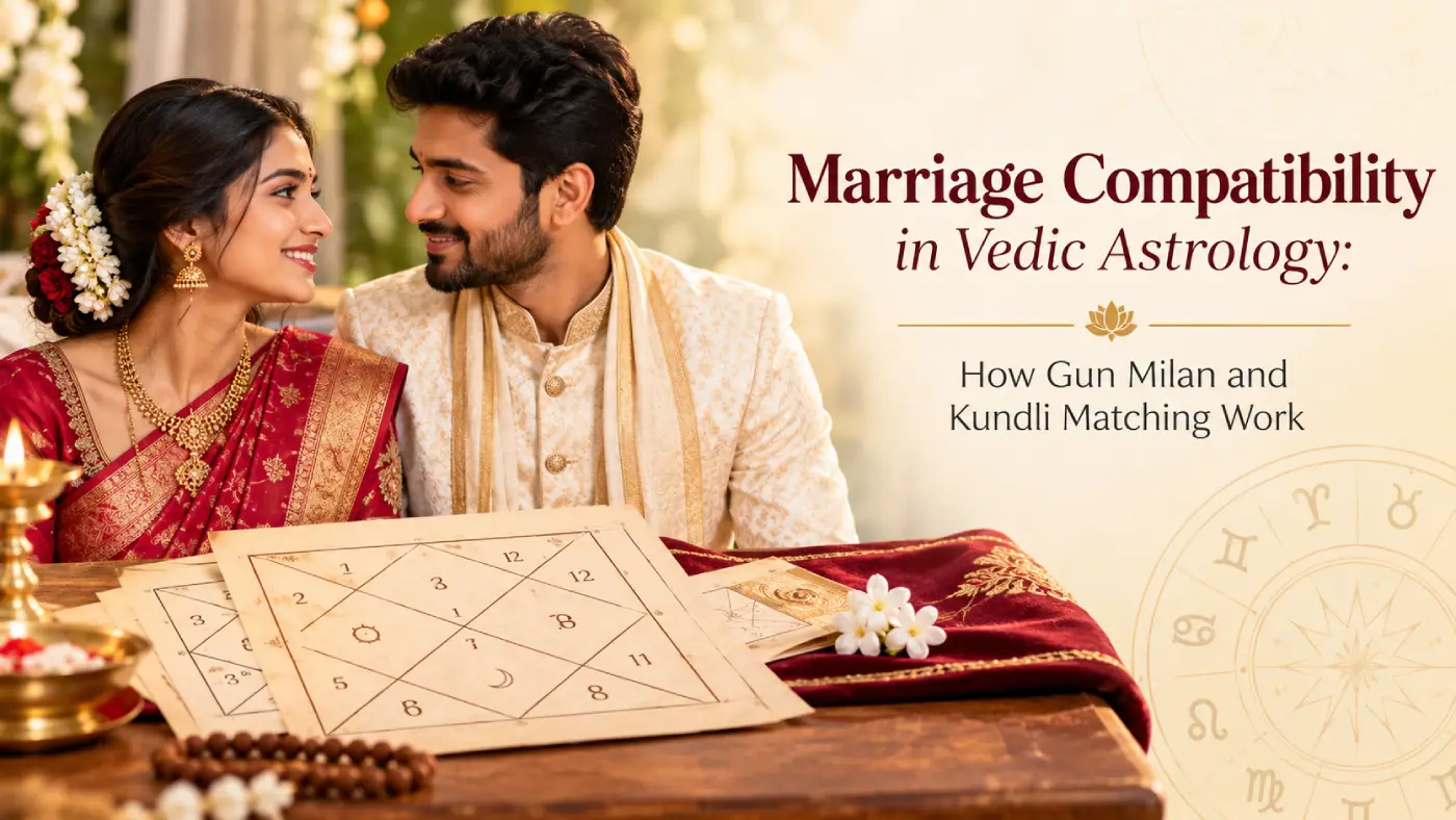 South Asian couple with Vedic astrology charts and wedding elements, illustrating marriage compatibility, Gun Milan, and Kundli matching.