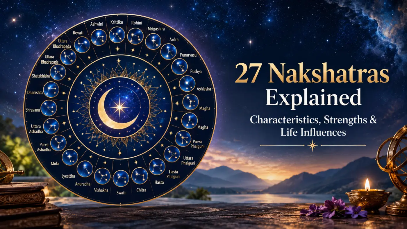 27 Nakshatras explained with a Vedic astrology zodiac chart, star constellations, crescent moon, and celestial landscape, illustrating their characteristics, strengths, and life influences.