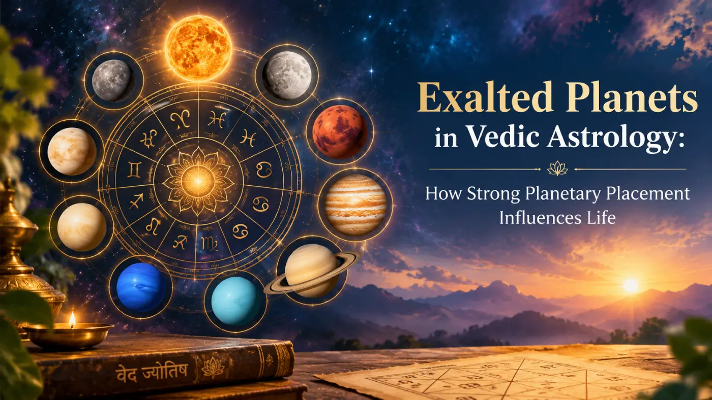 Exalted planets in Vedic astrology illustrated with a golden zodiac chart, glowing planets, and a celestial sunrise, representing how strong planetary placements influence life.