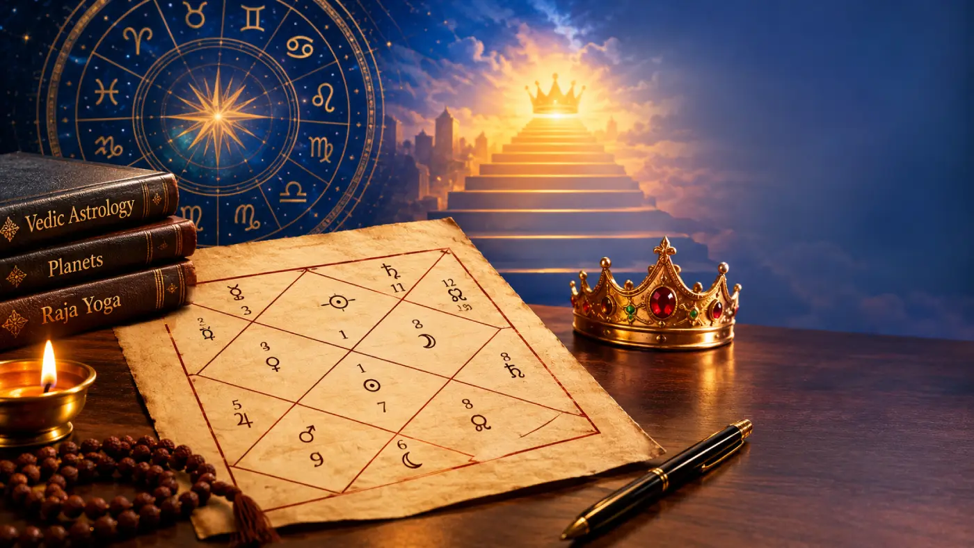 Vedic astrology kundli chart with a golden crown, zodiac mandala, and glowing staircase symbolizing Raja Yoga, success, prosperity, and powerful planetary combinations in a birth chart.